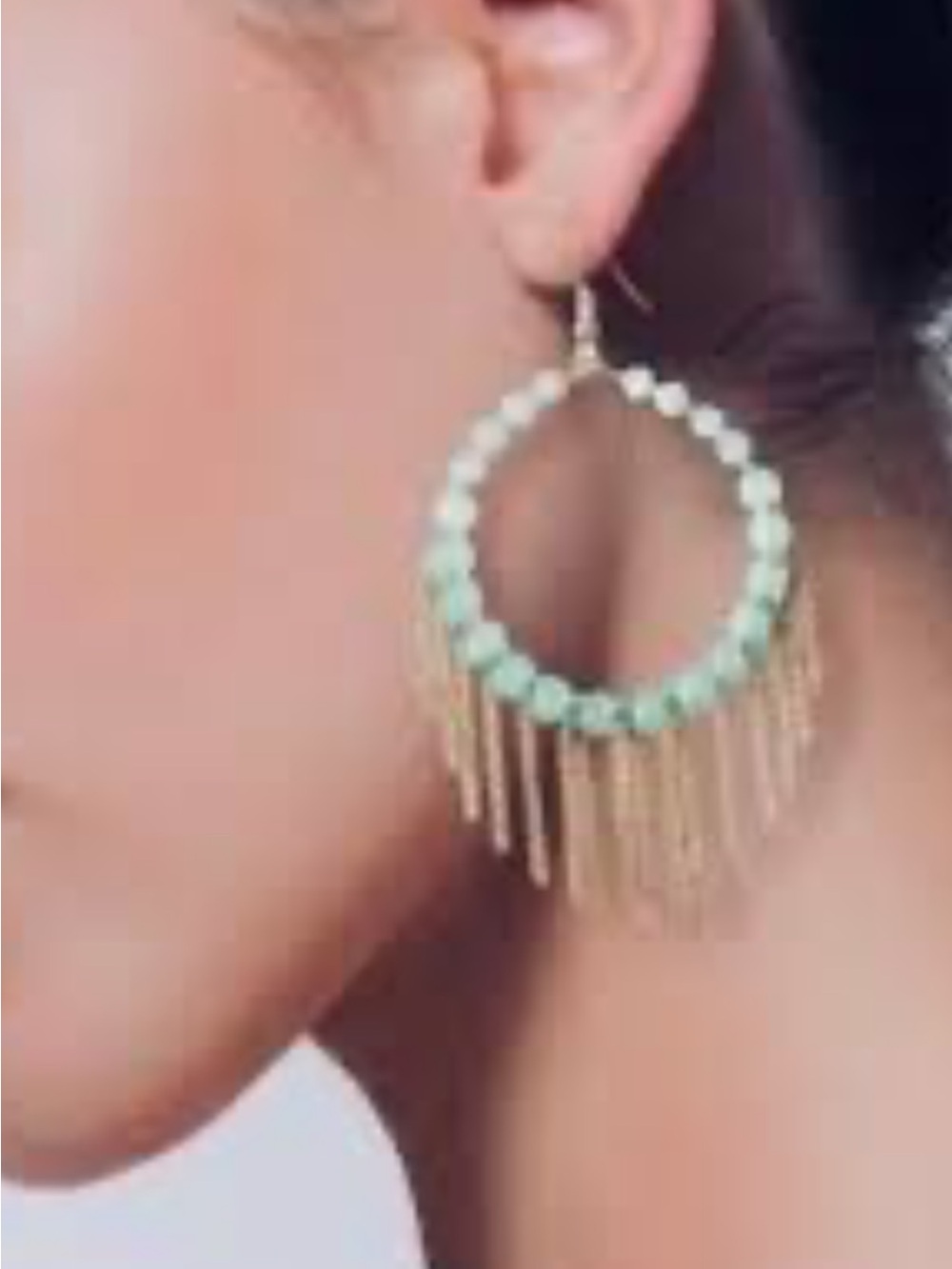 Plunder Gold Hoop Earrings with Mint Beads and Fringe